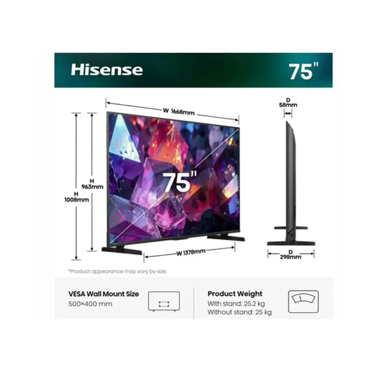 Televizor Hisense H75E7SPRO Smart, HI-QLED 4K UHD 75''(189cm), DVB-C/T2/S2